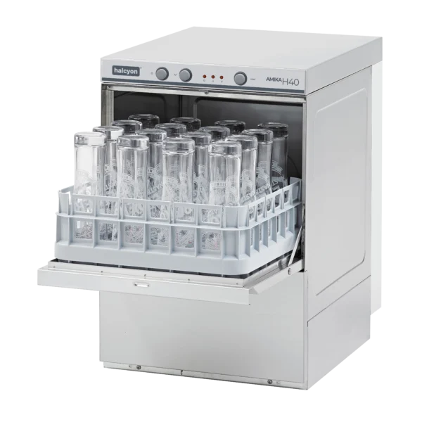 suppliers of halcyon amika AMH40 gravity drain glasswasher. Commercial glasswasher AMH40D pumped drain