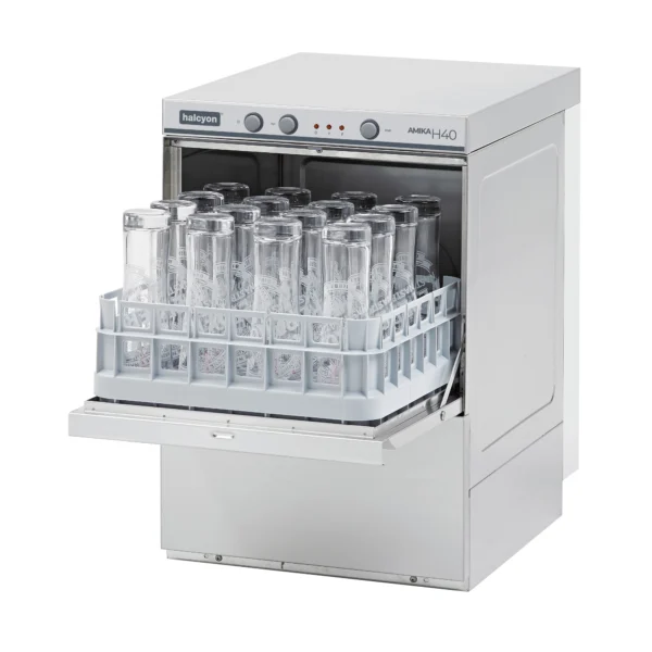 Suppliers of Halcyon Amika AMH40 gravity drain glasswasher and Halcyon AMH40D pumped drain glasswasher.